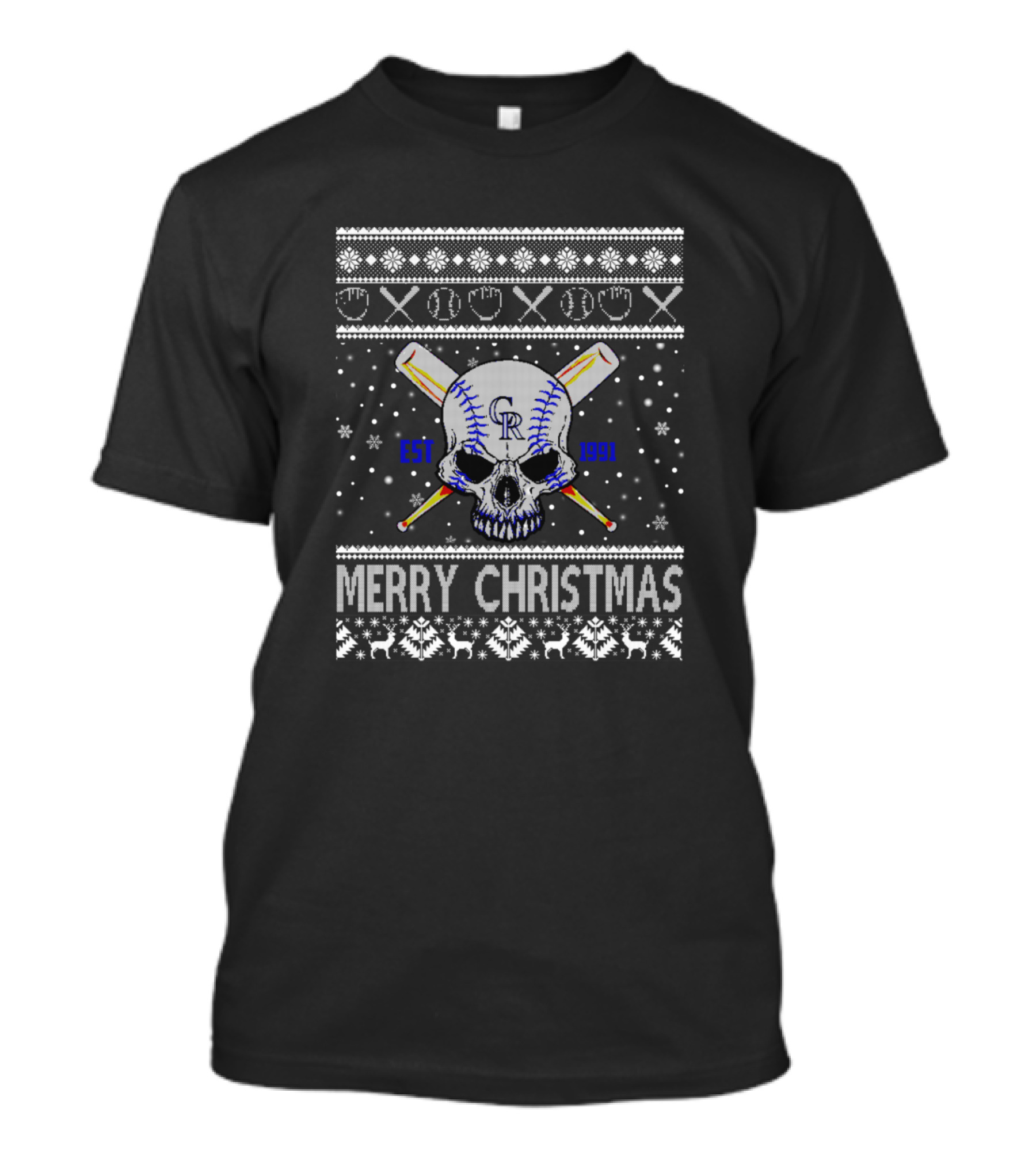 Colorado Rockies Baseball Club Est 1991 Merry Christmas Ugly Sweater Skull T-Shirt