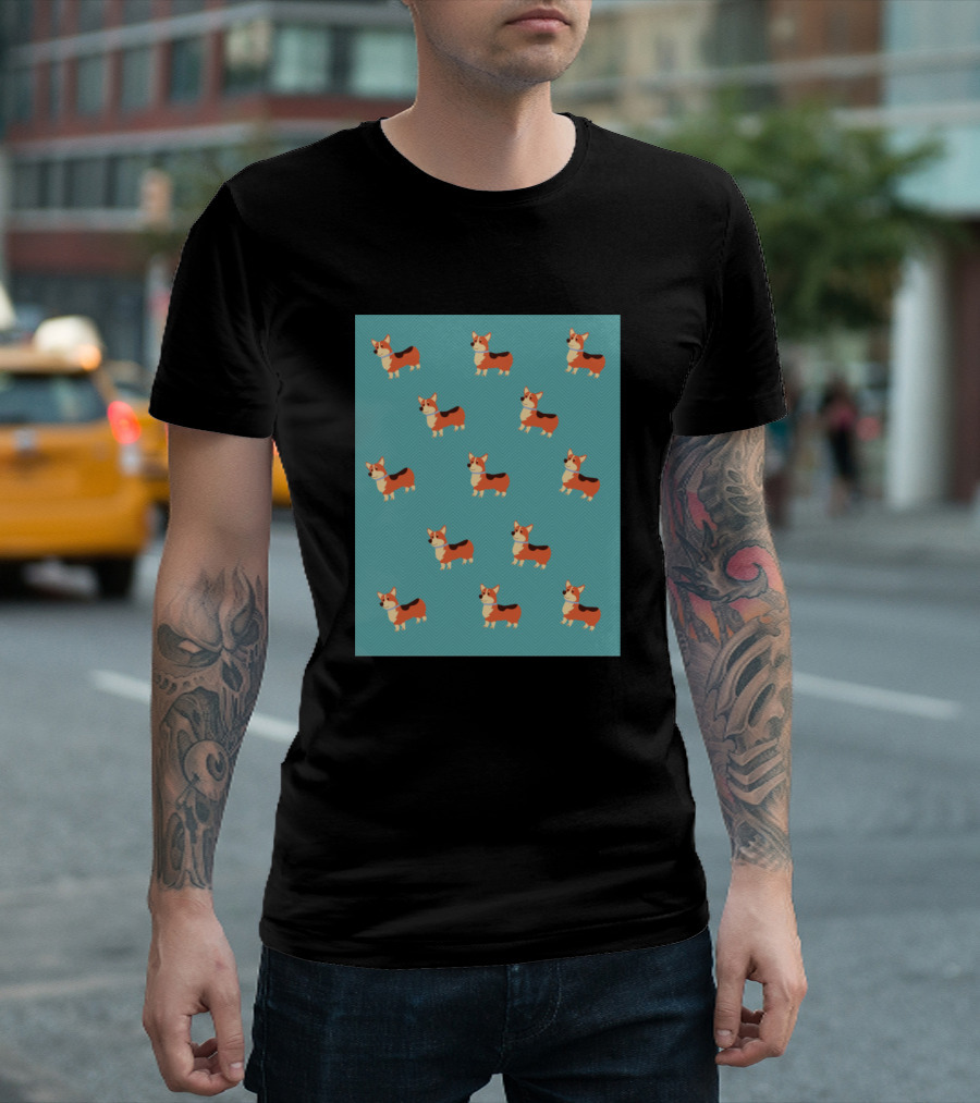 Corgi Pattern Aqua Background T-Shirt