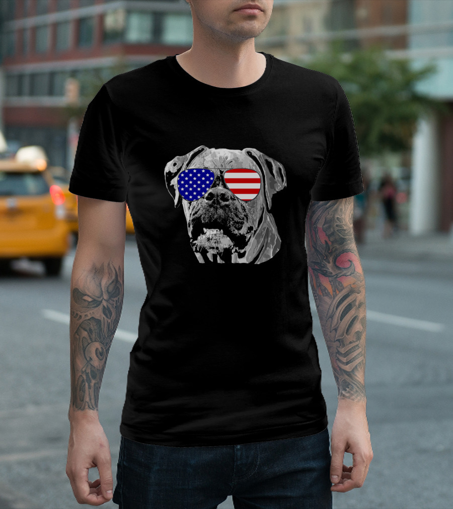 USA Flag Sunglasses Boxer Dog Owner Funny America T-Shirt