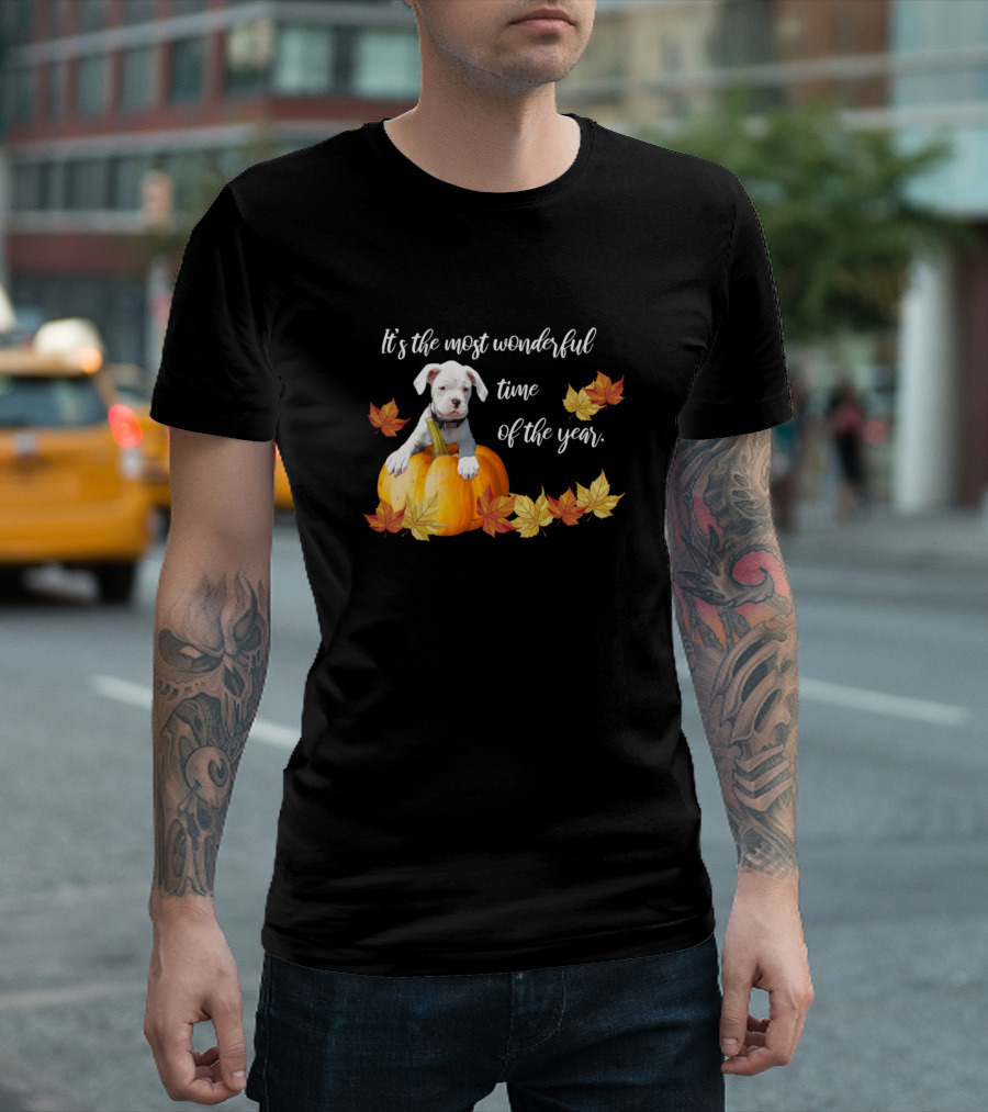 Halloween Boxer Puppy It's The Most Wonderful Time Of The Year Pumpkin Leaves T-Shirt