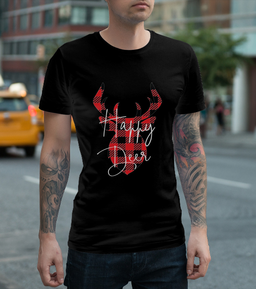 Happy Deer Red Plaid Buffalo Christmas T-Shirt
