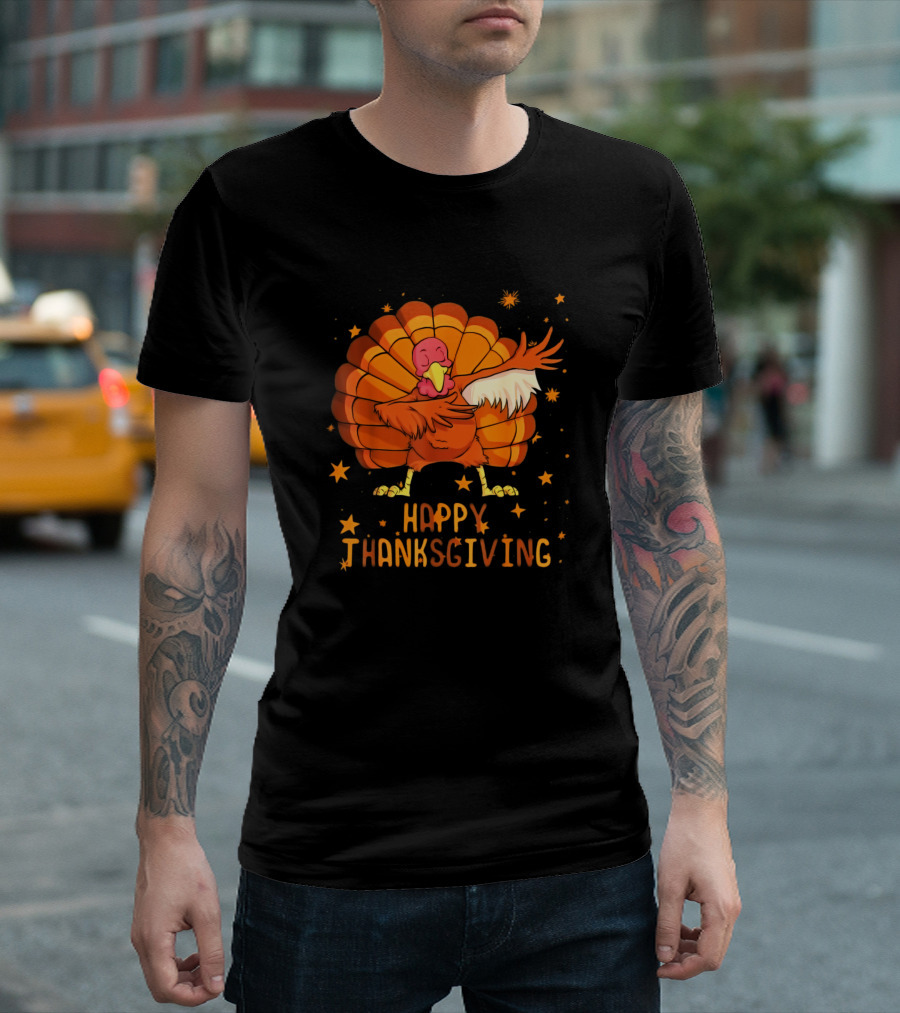 Happy Thanksgiving Kids Dabbing Turkey With Stars T-Shirt