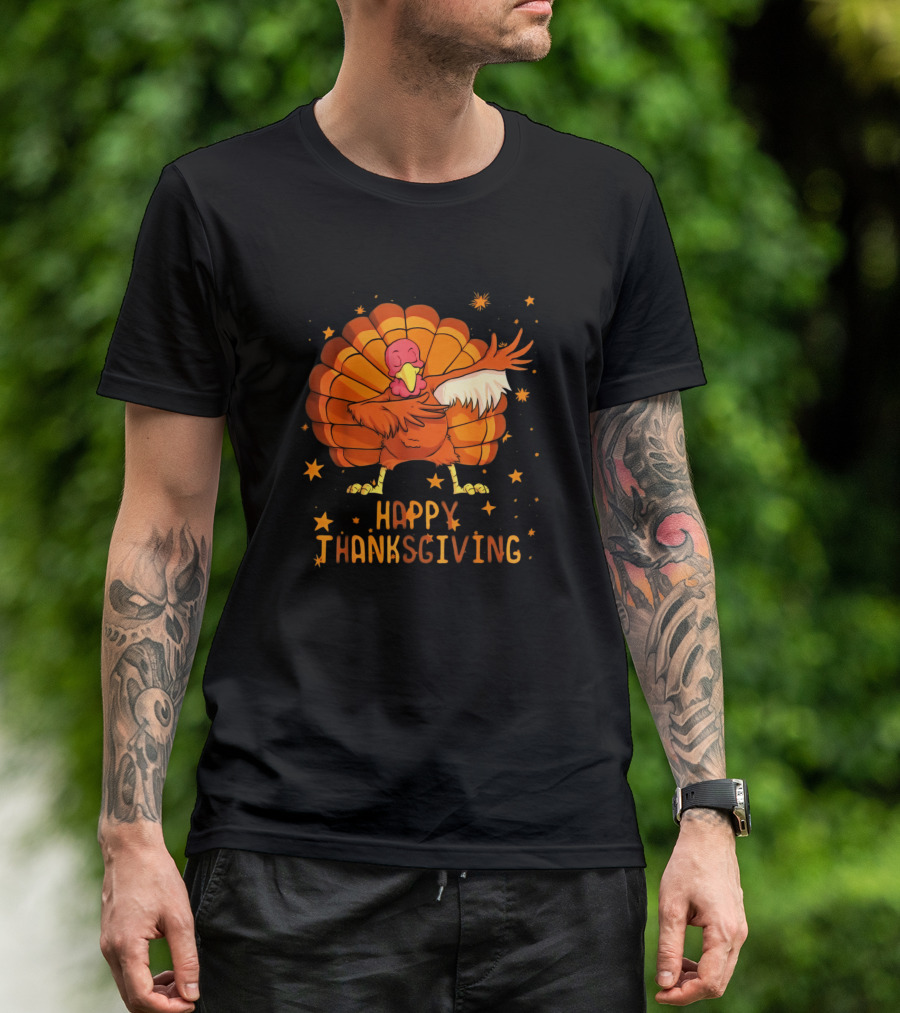 Happy Thanksgiving Kids Dabbing Turkey With Stars T-Shirt