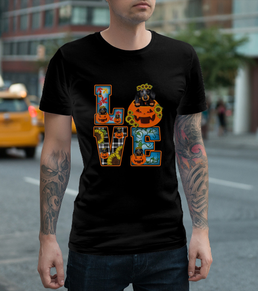 Love Plaid Pumpkin Dachshund Sunflower Thanksgiving T-Shirt