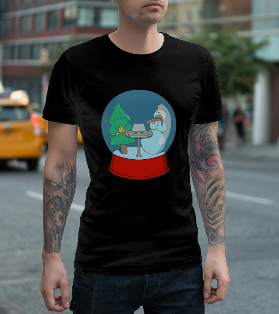 Pizza Time With Christmas Tree and Snowman in Snow Globe T-Shirt