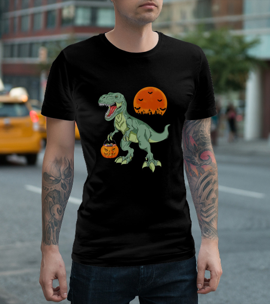 T Rex Dinosaur Boys Halloween Pumpkin Jackolantern Full Moon Bats T-Shirt