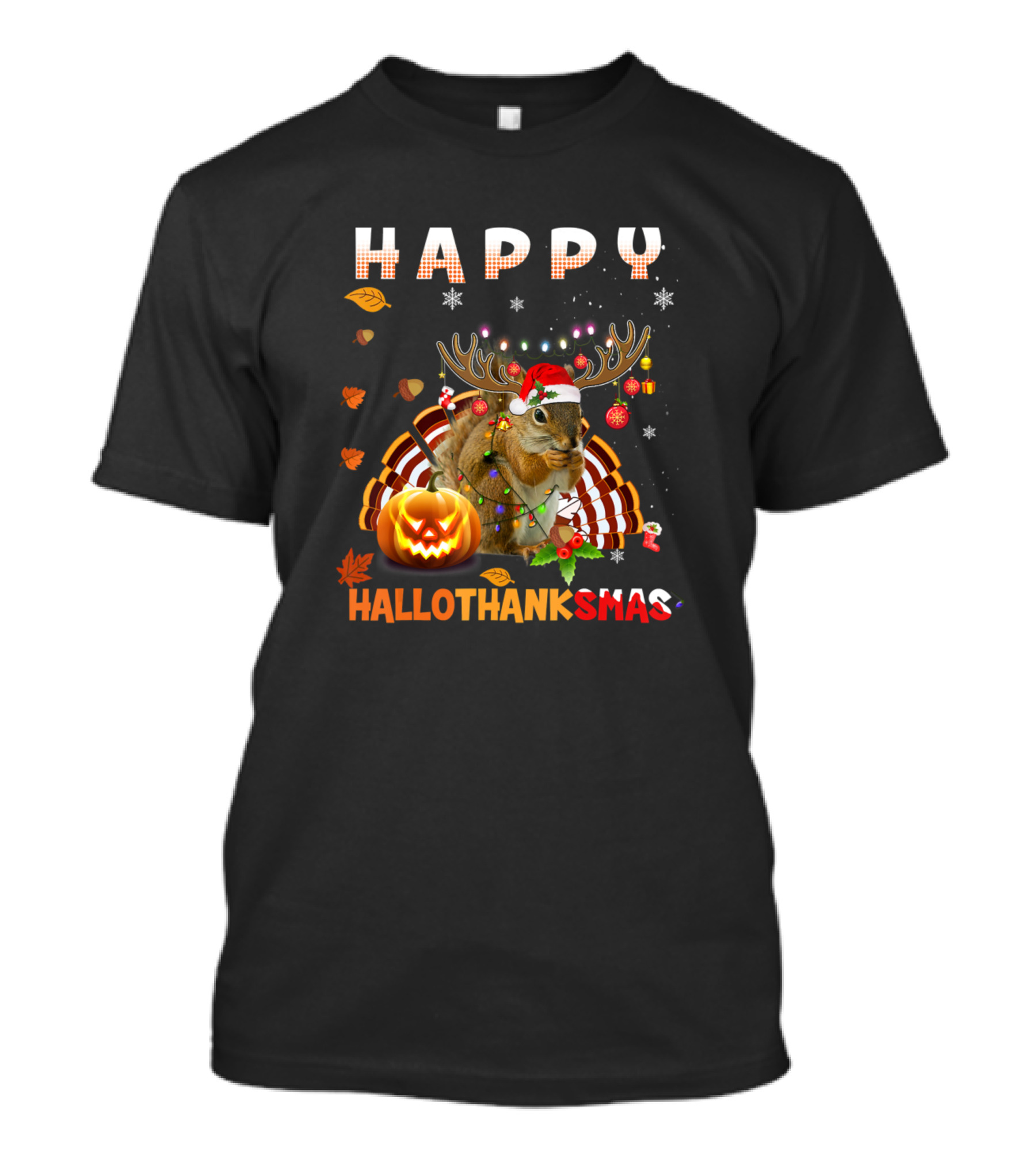 Happy HalloThanksMas Squirrel With Santa Hat And Pumpkin T-Shirt