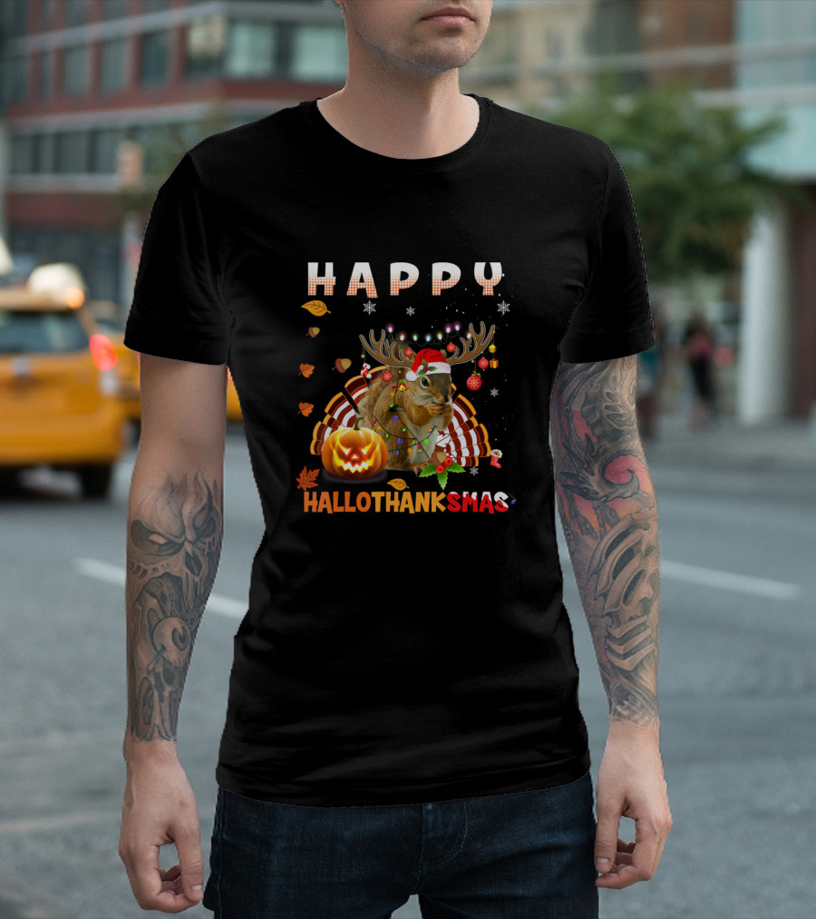 Happy HalloThanksMas Squirrel With Santa Hat And Pumpkin T-Shirt