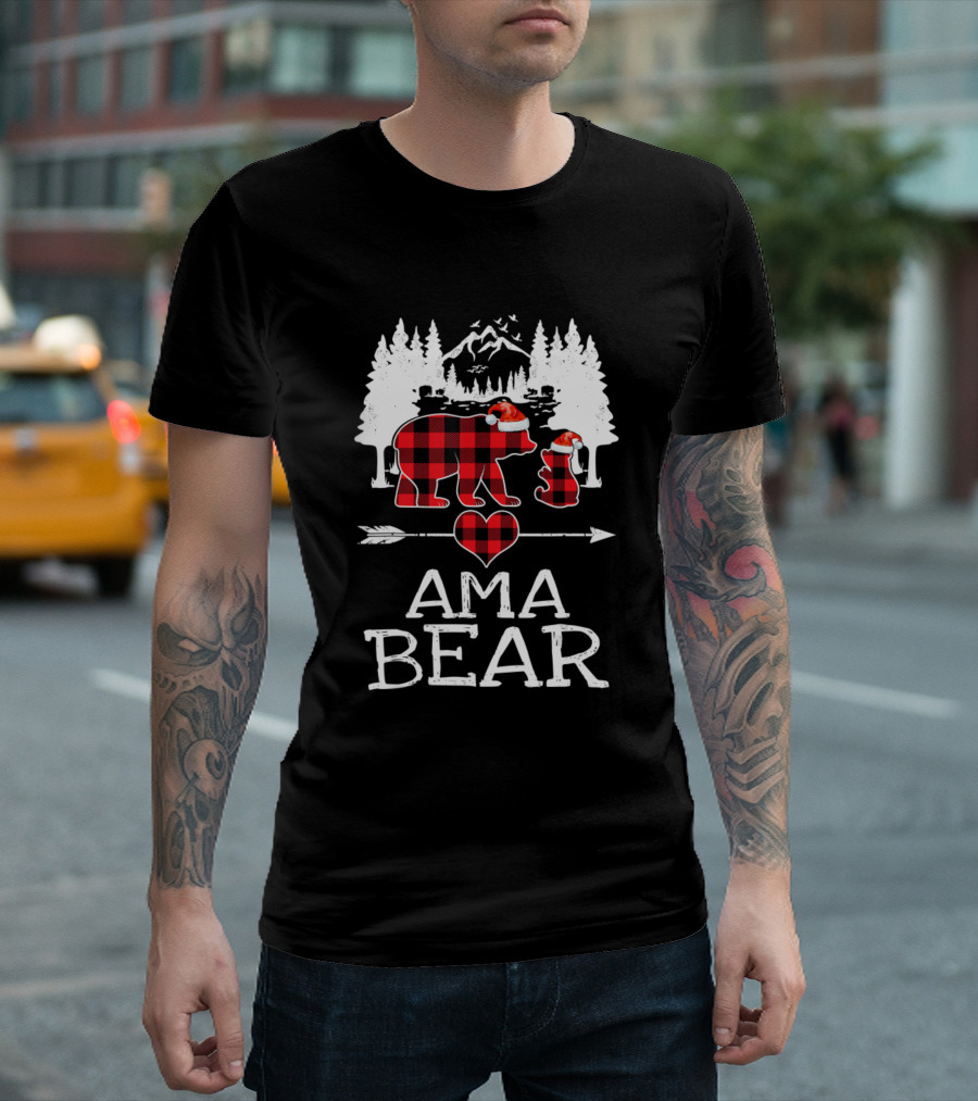 Ama Bear Christmas Red Plaid Buffalo Family Trees Snow Mountains Arrow Heart T-Shirt