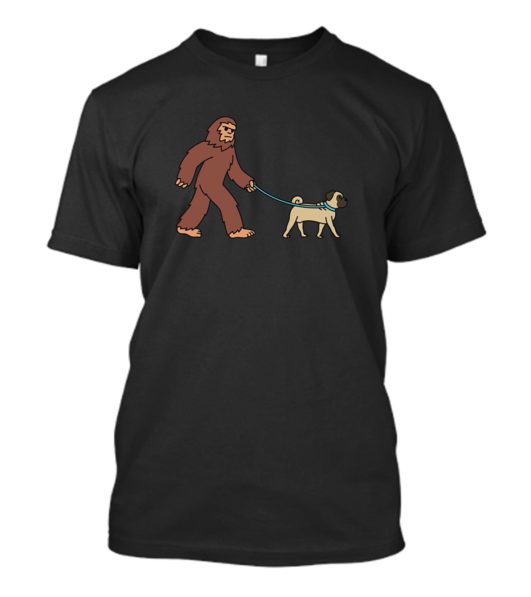Bigfoot Walking Pug On Leash In Forest Outline T-Shirt