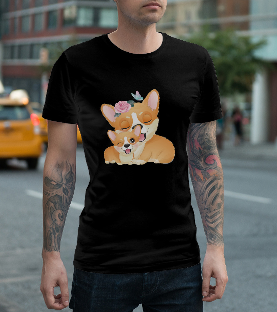 Dog Cute Mother Baby Corgi Flower Crown Butterfly T-Shirt
