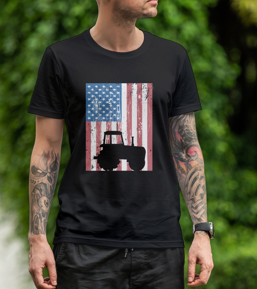 American Flag Tractor Patriotic Farming Farmer T-Shirt