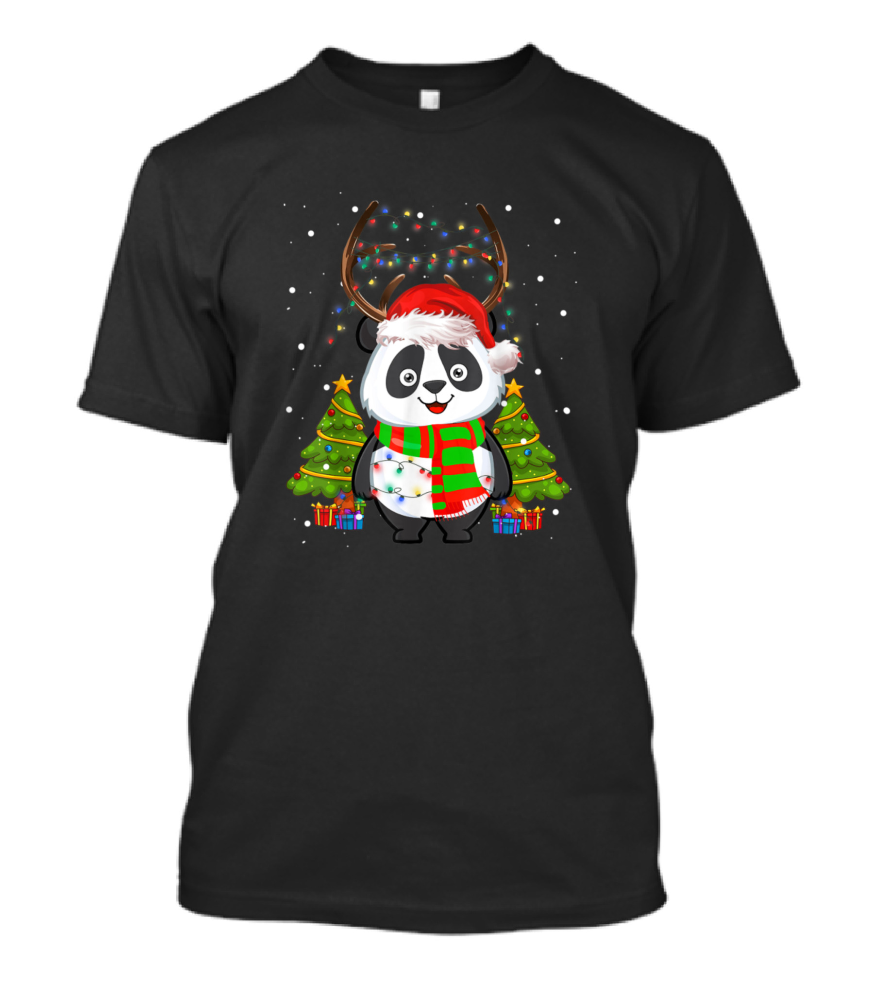 Funny Panda Christmas Lights Reindeer Hat With Santa And Trees T-Shirt