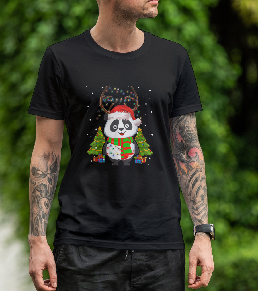 Funny Panda Christmas Lights Reindeer Hat With Santa And Trees T-Shirt