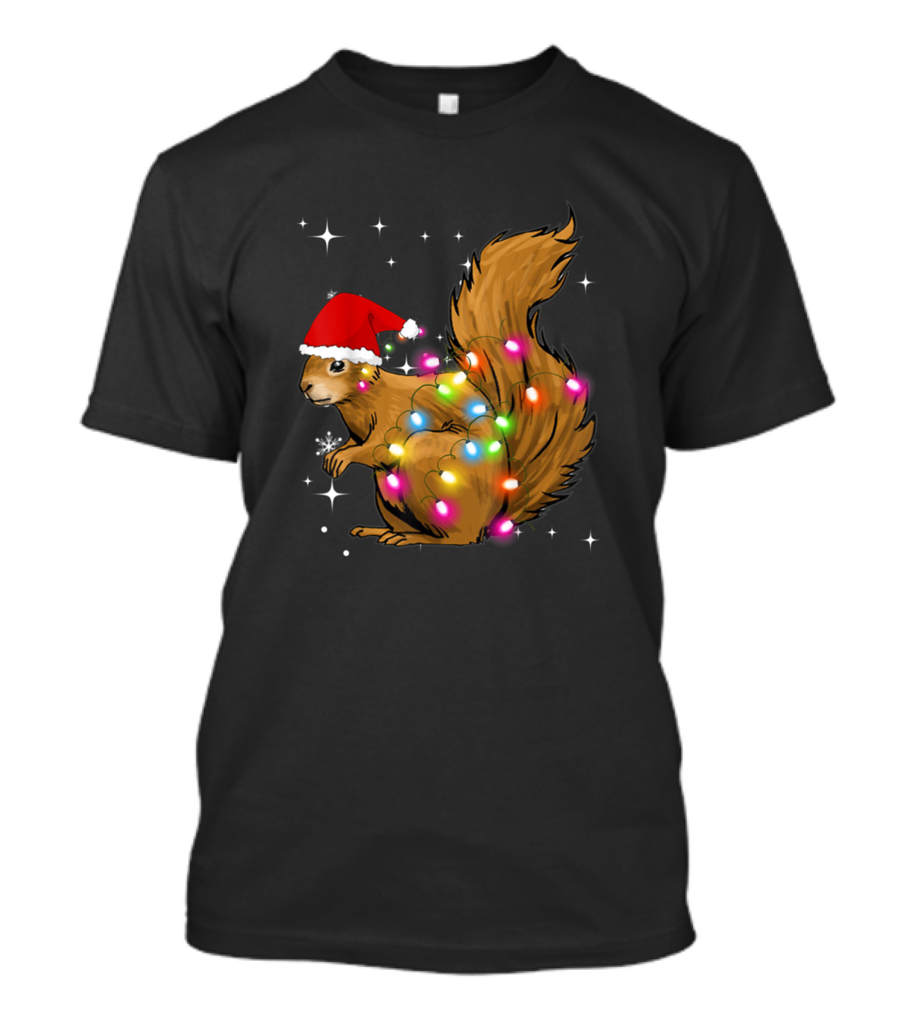 Christmas Squirrel In Santa Hat With Colorful Holiday Lights T-Shirt