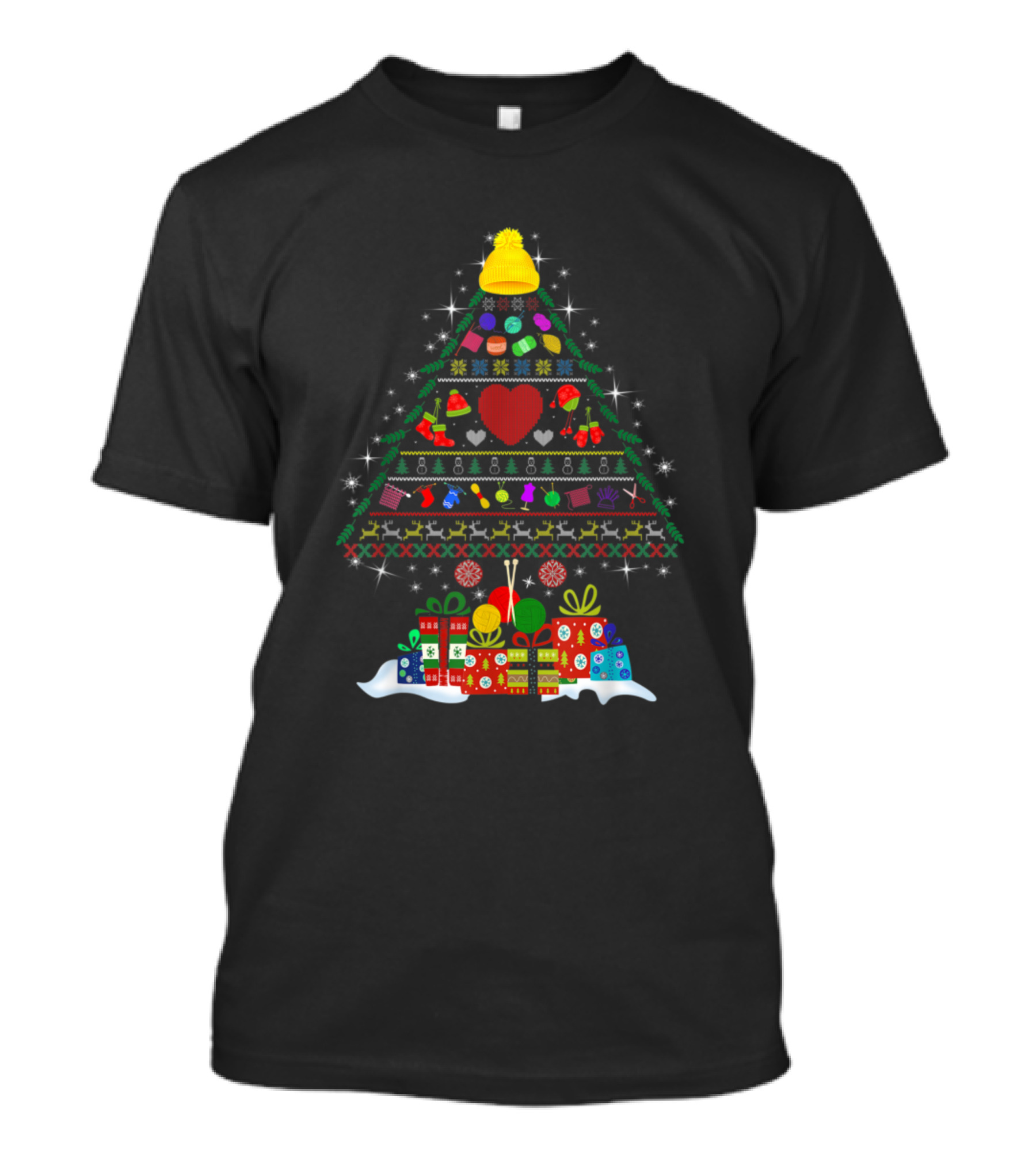 Merry Christmas Knitting Pattern Tree With Decorations And Gifts T-Shirt