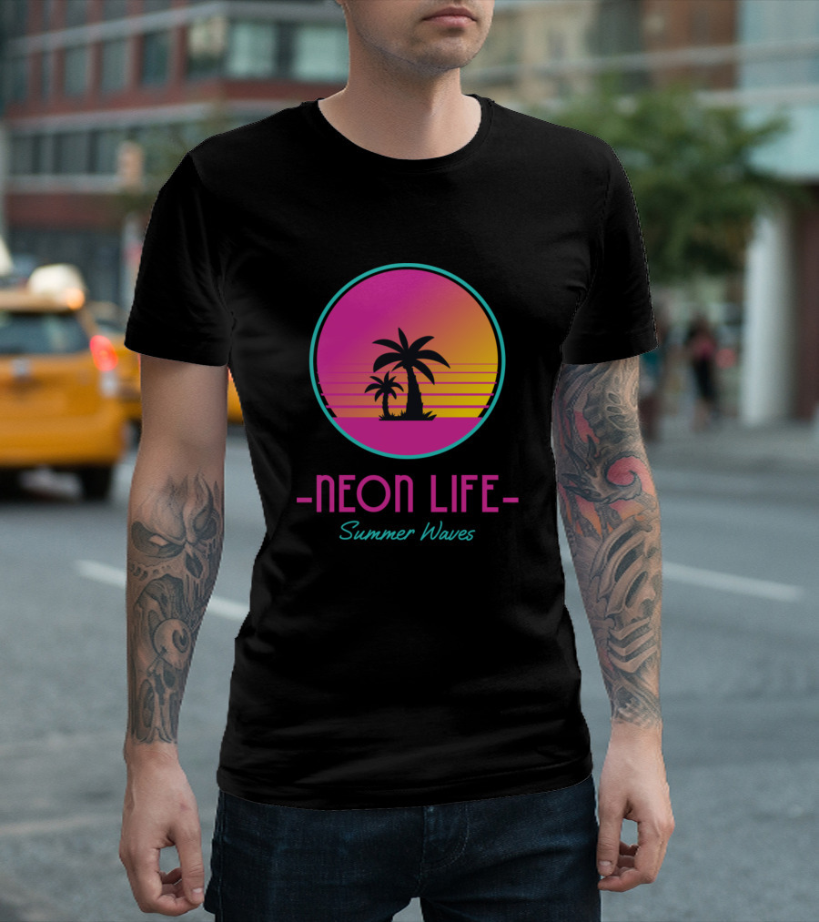 Neon Life Summer Waves Palm Sunset Circle T-Shirt