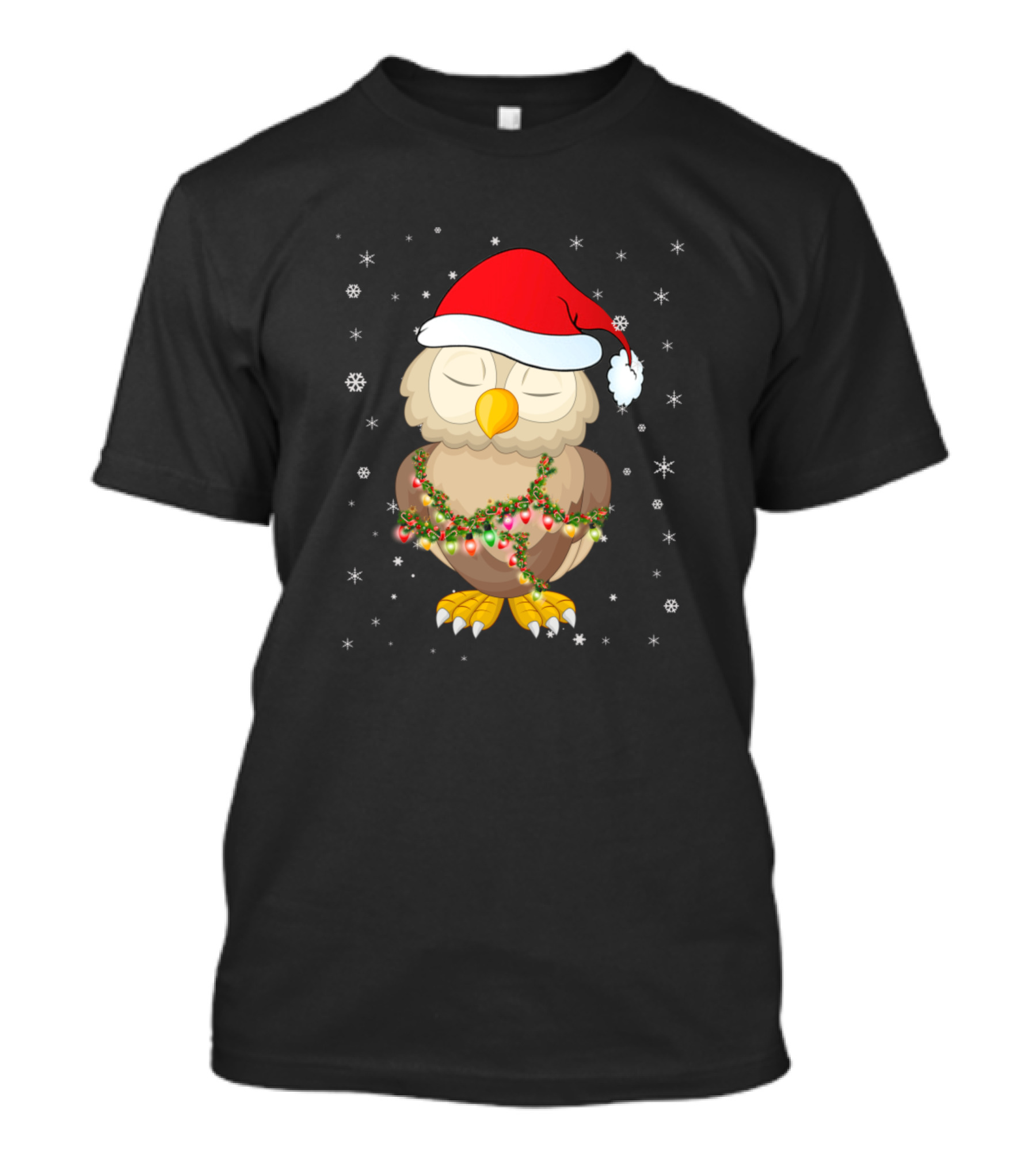 Owl Light Christmas Santa Hat Holiday Lights Snowflakes T-Shirt