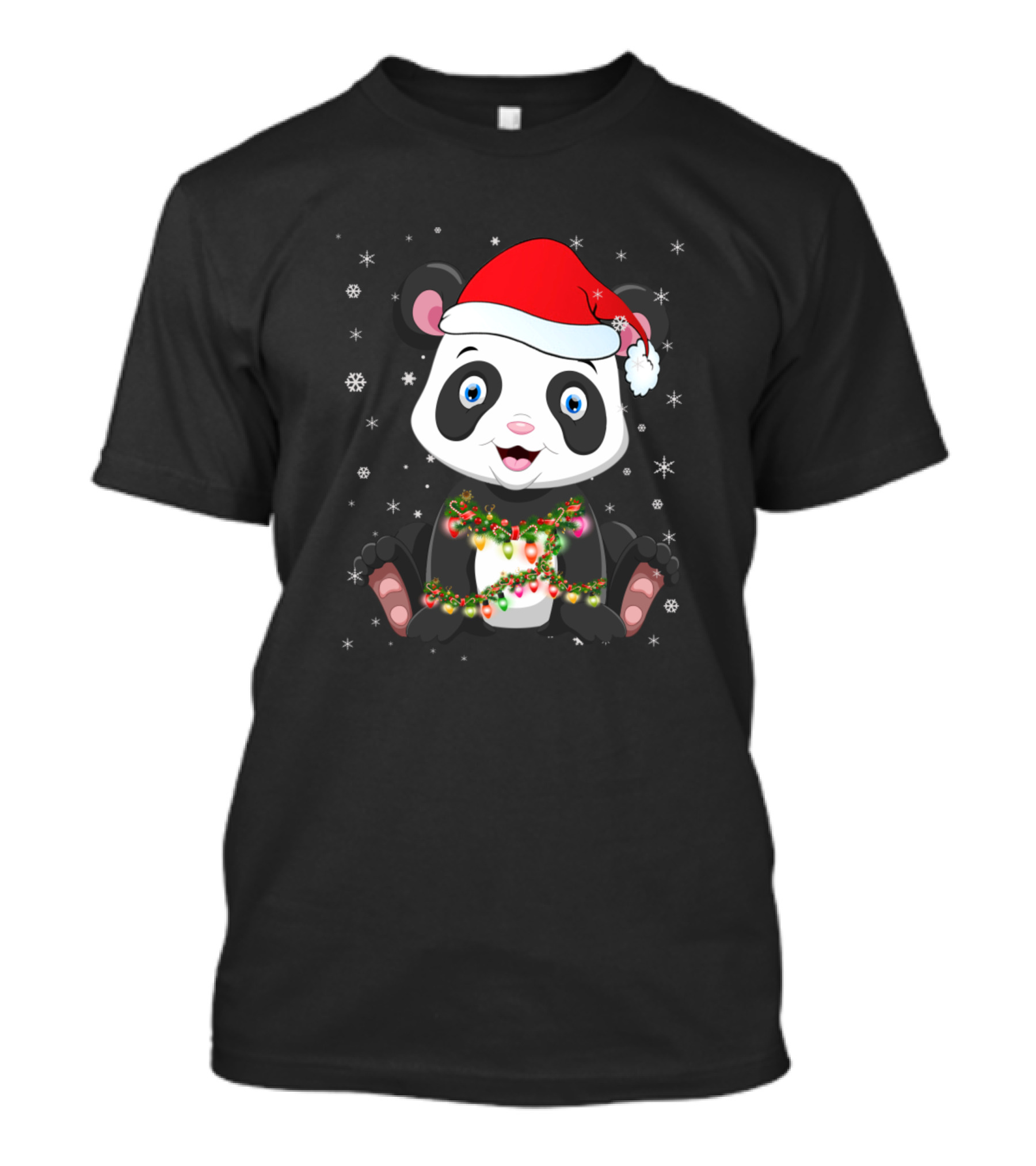 Panda Bear Santa Hat Christmas Lights Snowflakes Matching Family T-Shirt