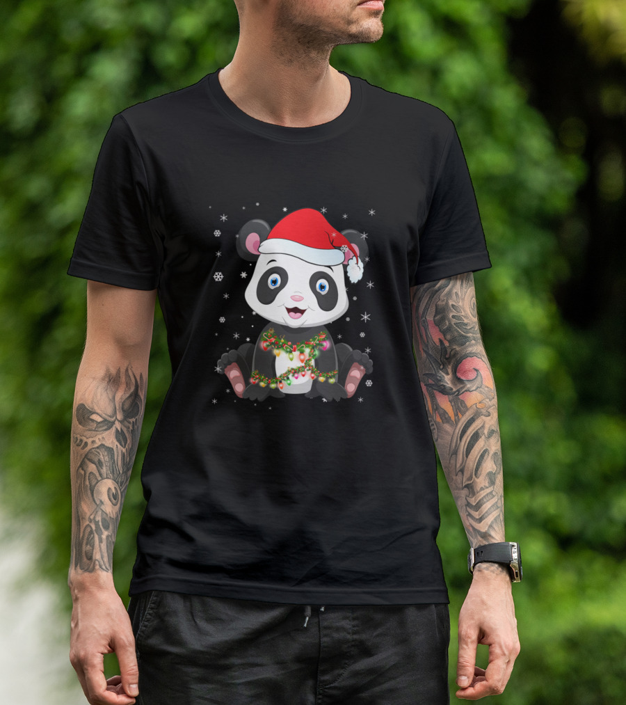 Panda Bear Santa Hat Christmas Lights Snowflakes Matching Family T-Shirt