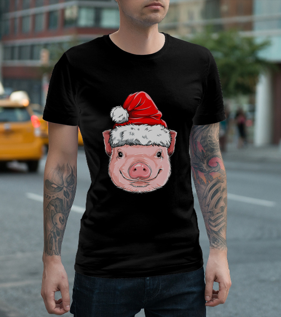 Pig In Santa Hat Christmas Farmer Girl Holiday Festive Xmas T-Shirt