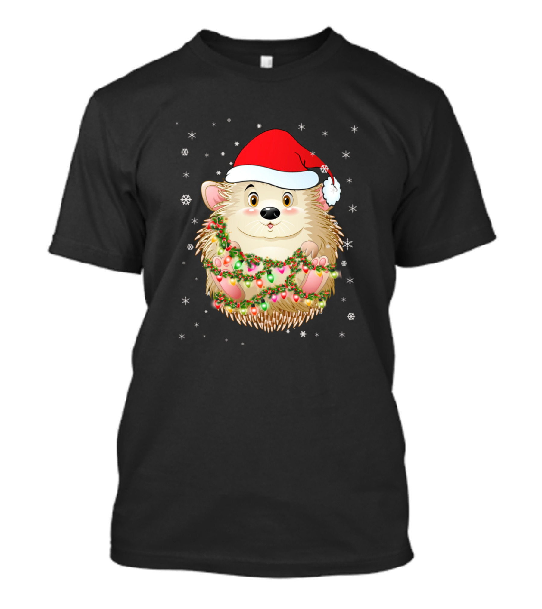 Porcupine Light Christmas Holiday Hedgehog Santa Hat Snowflakes T-Shirt