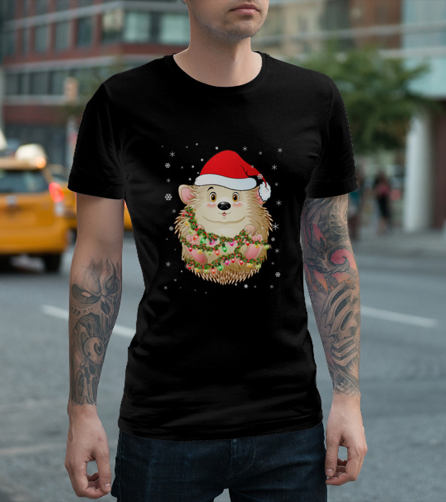 Porcupine Light Christmas Holiday Hedgehog Santa Hat Snowflakes T-Shirt