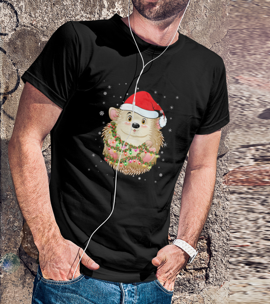 Porcupine Light Christmas Holiday Hedgehog Santa Hat Snowflakes T-Shirt