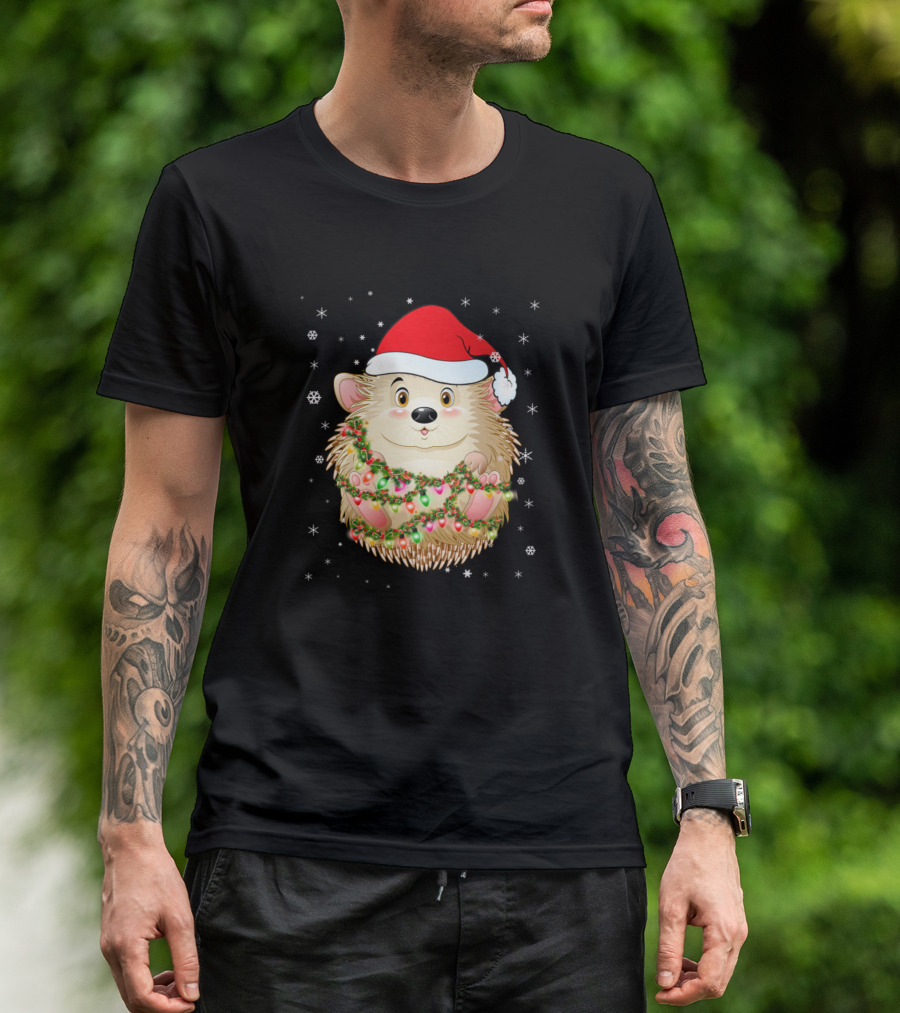 Porcupine Light Christmas Holiday Hedgehog Santa Hat Snowflakes T-Shirt