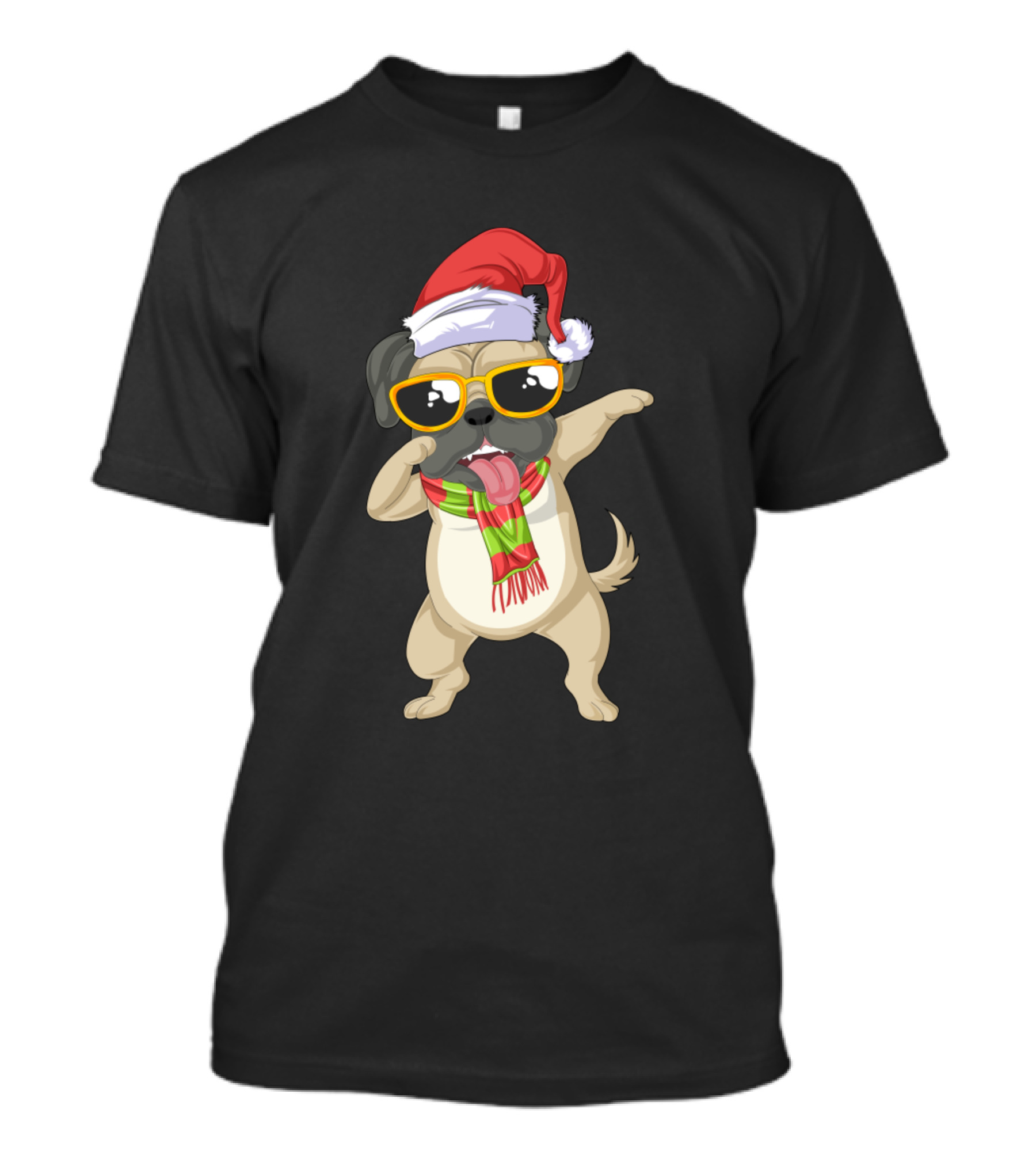 Pug Dabbing Santa Hat Christmas Scarf Sunglasses T-Shirt