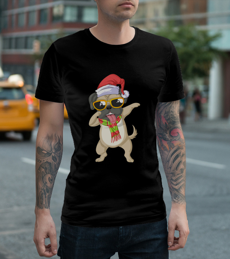 Pug Dabbing Santa Hat Christmas Scarf Sunglasses T-Shirt