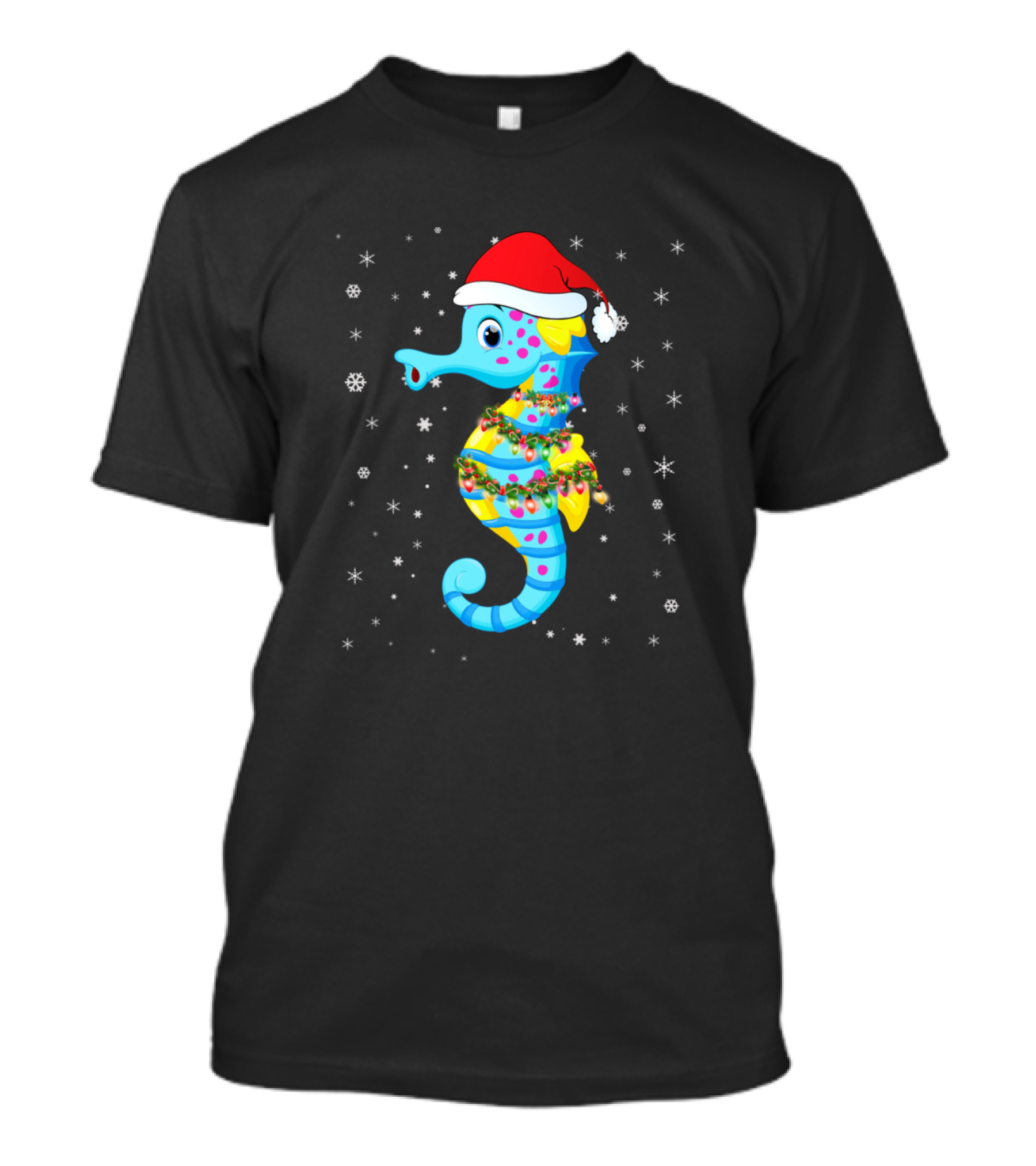 Seahorse Light Christmas Santa Hat Holiday Snowflakes T-Shirt