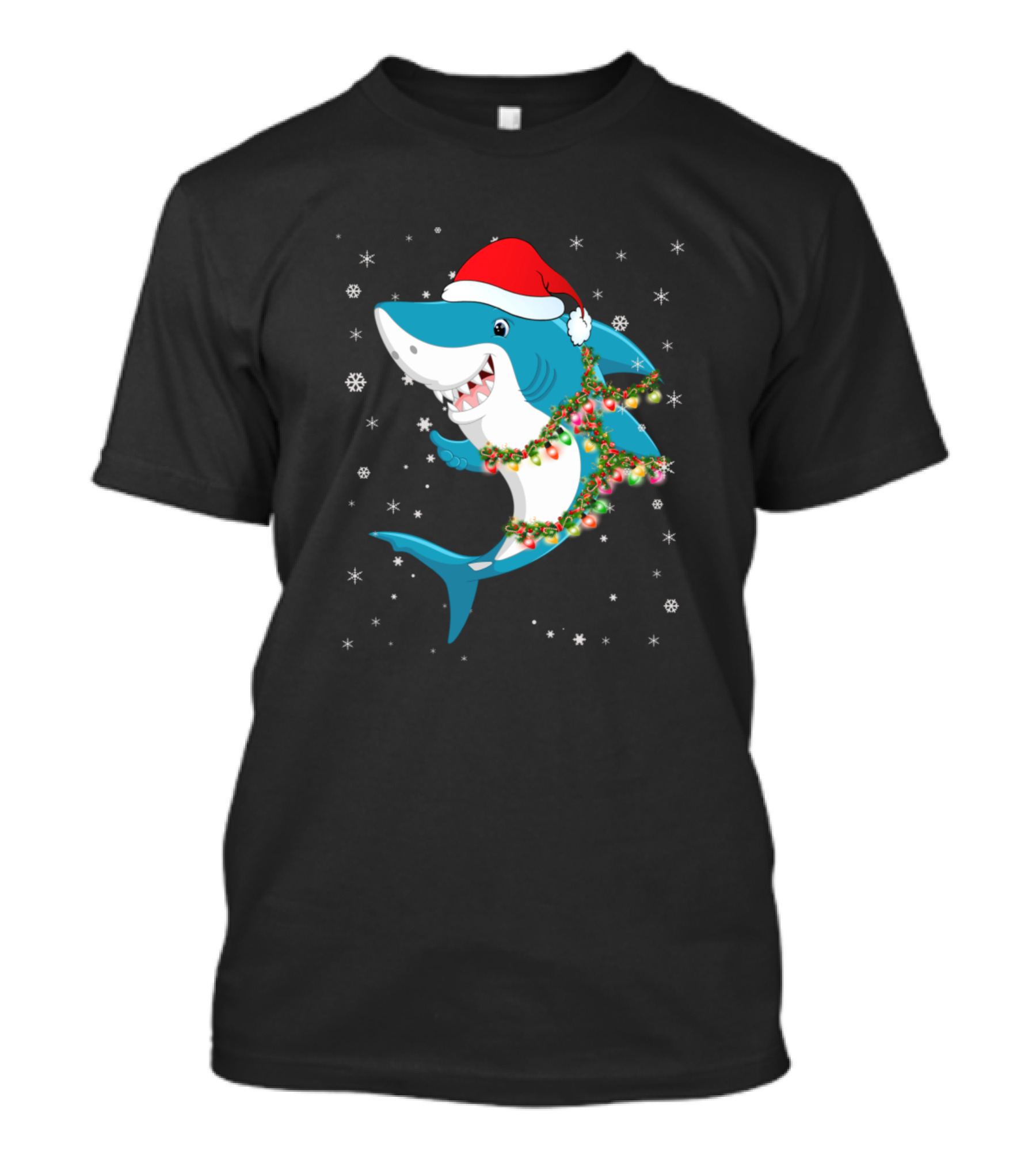 Santa Hat Shark With Christmas Lights And Snowflakes T-Shirt