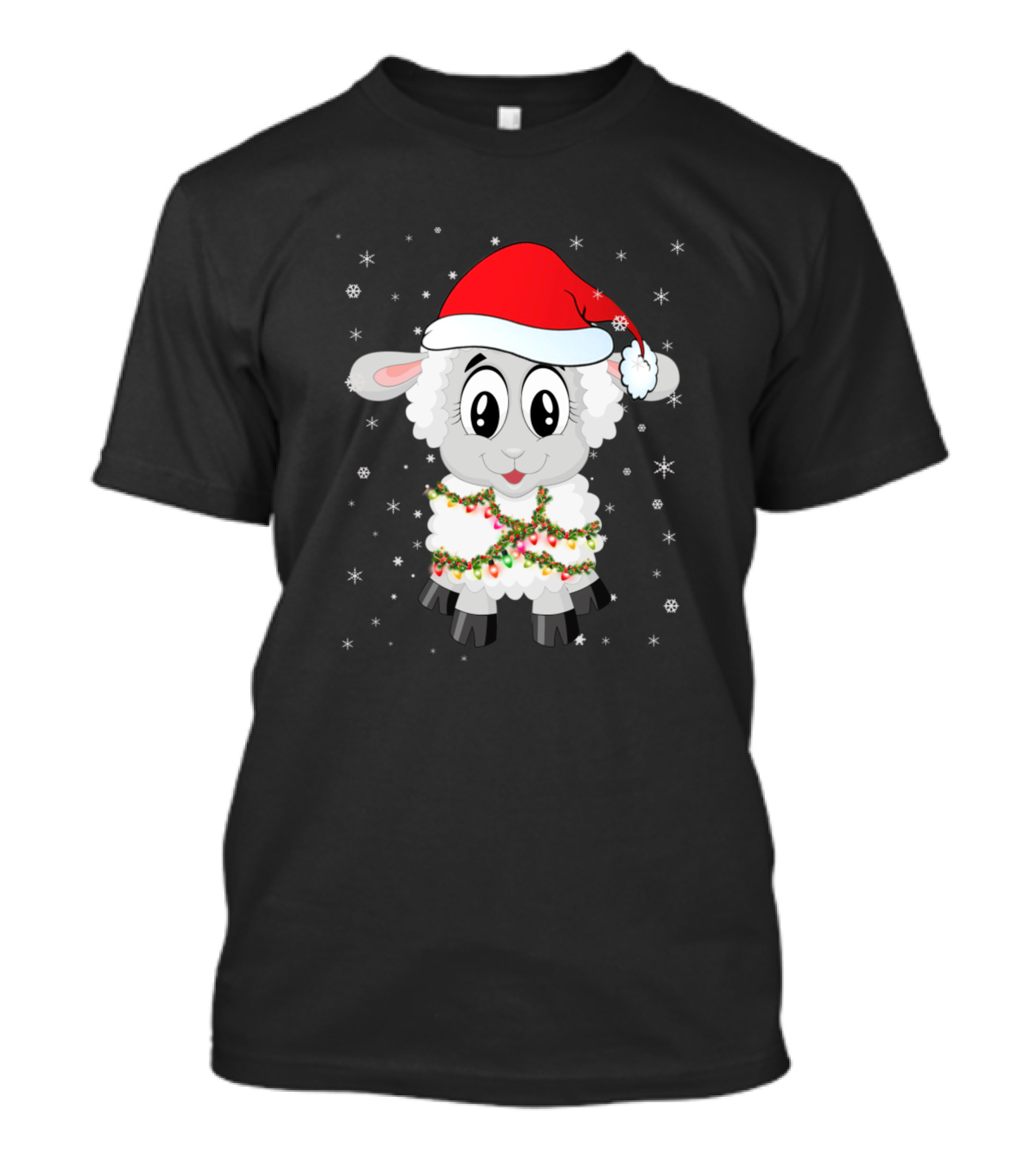 Santa Hat Sheep Wrapped In Christmas Lights With Snowflakes T-Shirt