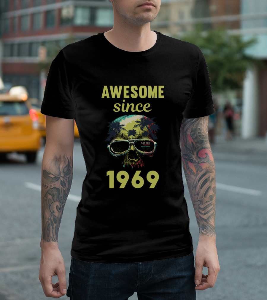 AWESOME SINCE 1969 Skull With Palm Trees And Sunglasses T-Shirt