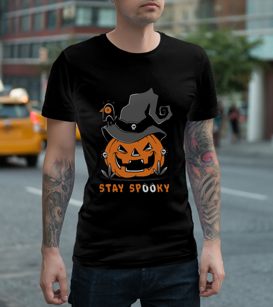 Stay Spooky Pumpkin Lantern with Witch Hat and Skull Bird T-Shirt