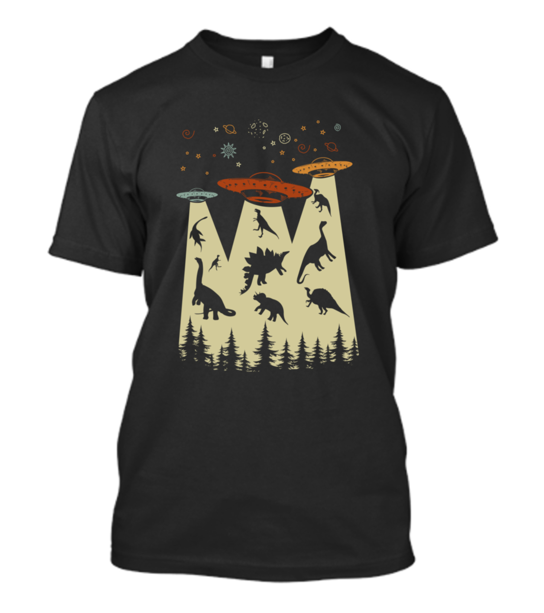 Vintage Dinosaur Alien Abduction Funny UFO Scene T-Shirt