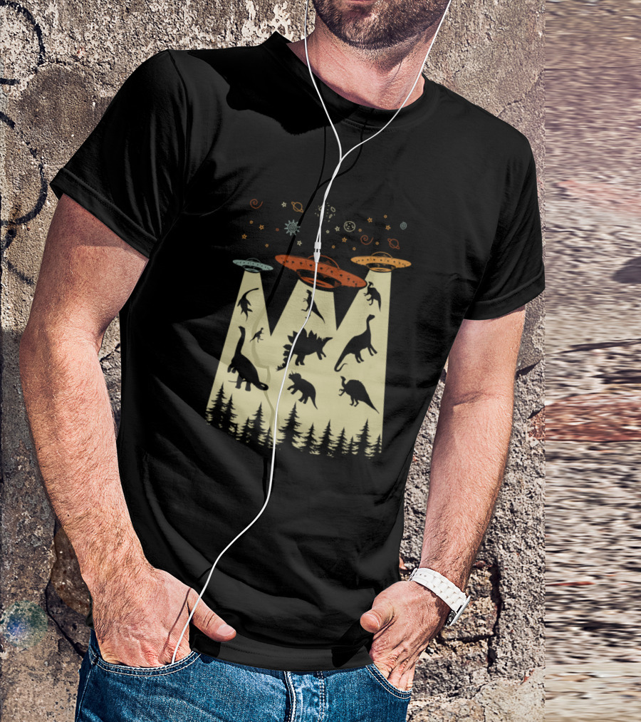 Vintage Dinosaur Alien Abduction Funny UFO Scene T-Shirt