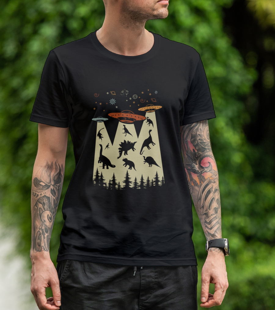 Vintage Dinosaur Alien Abduction Funny UFO Scene T-Shirt