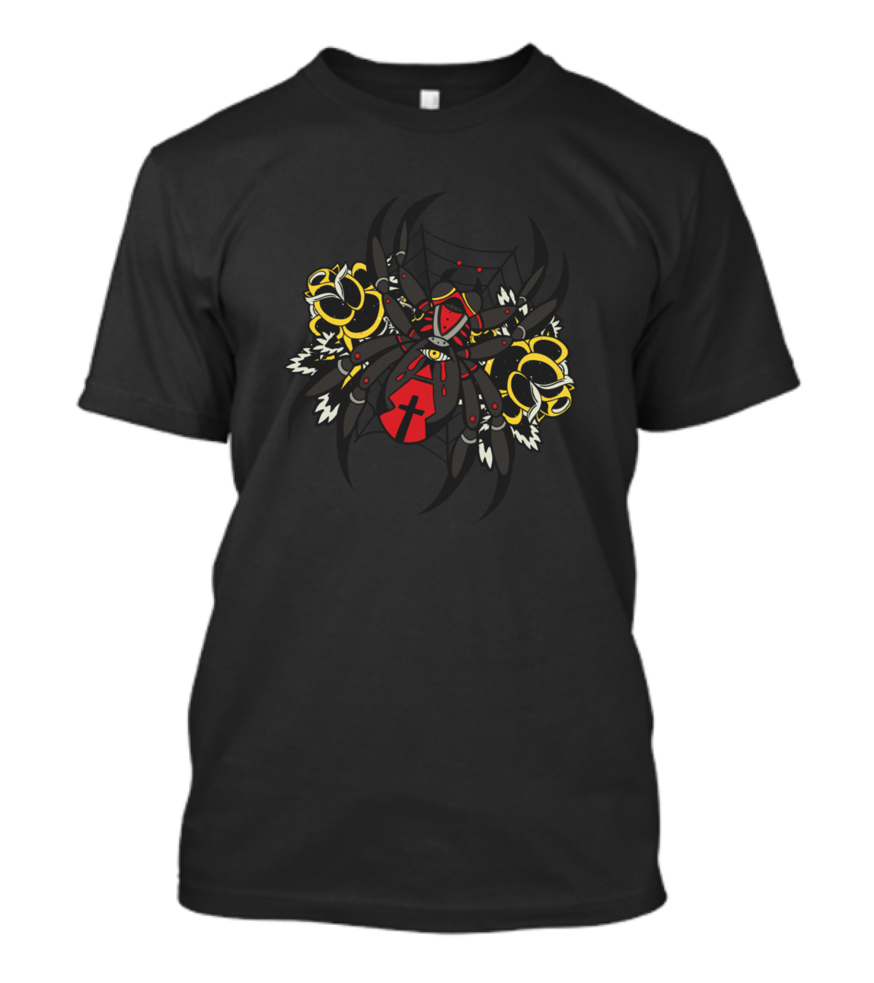 Black Widow Spider Tattoo With Red Cross And Yellow Flowers T-Shirt