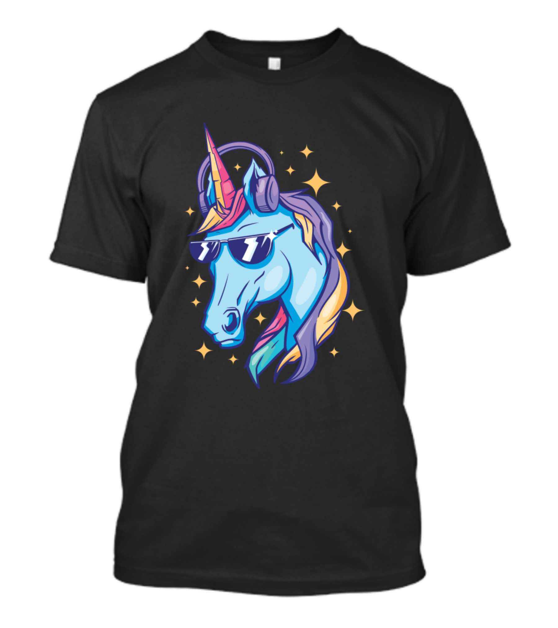 Cool Shiny Unicorn Sunglasses Headphones Retro Stars T-Shirt