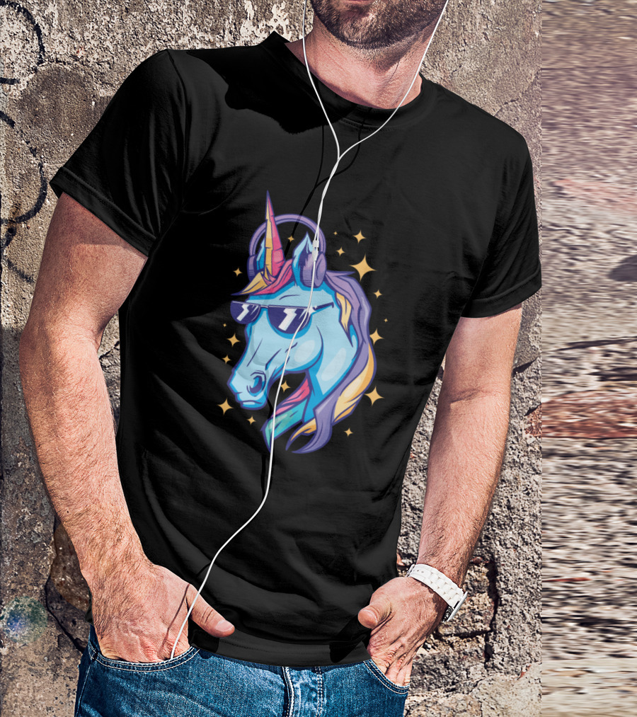 Cool Shiny Unicorn Sunglasses Headphones Retro Stars T-Shirt