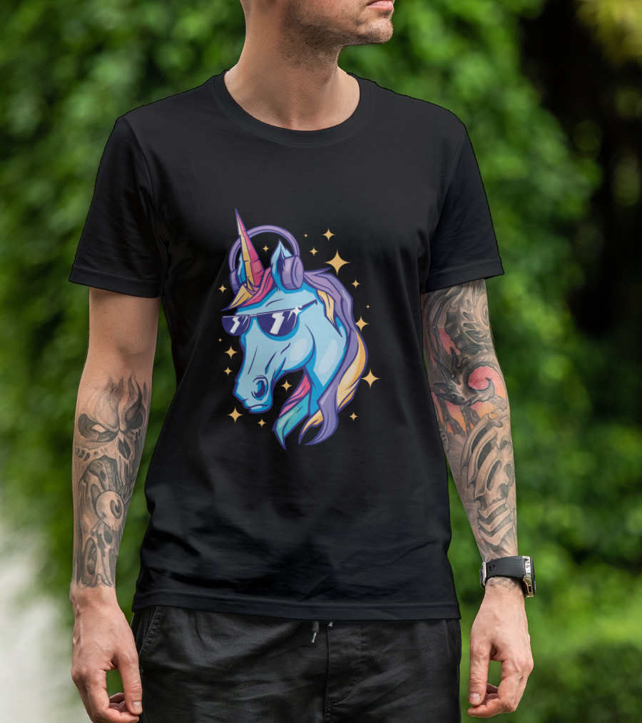 Cool Shiny Unicorn Sunglasses Headphones Retro Stars T-Shirt