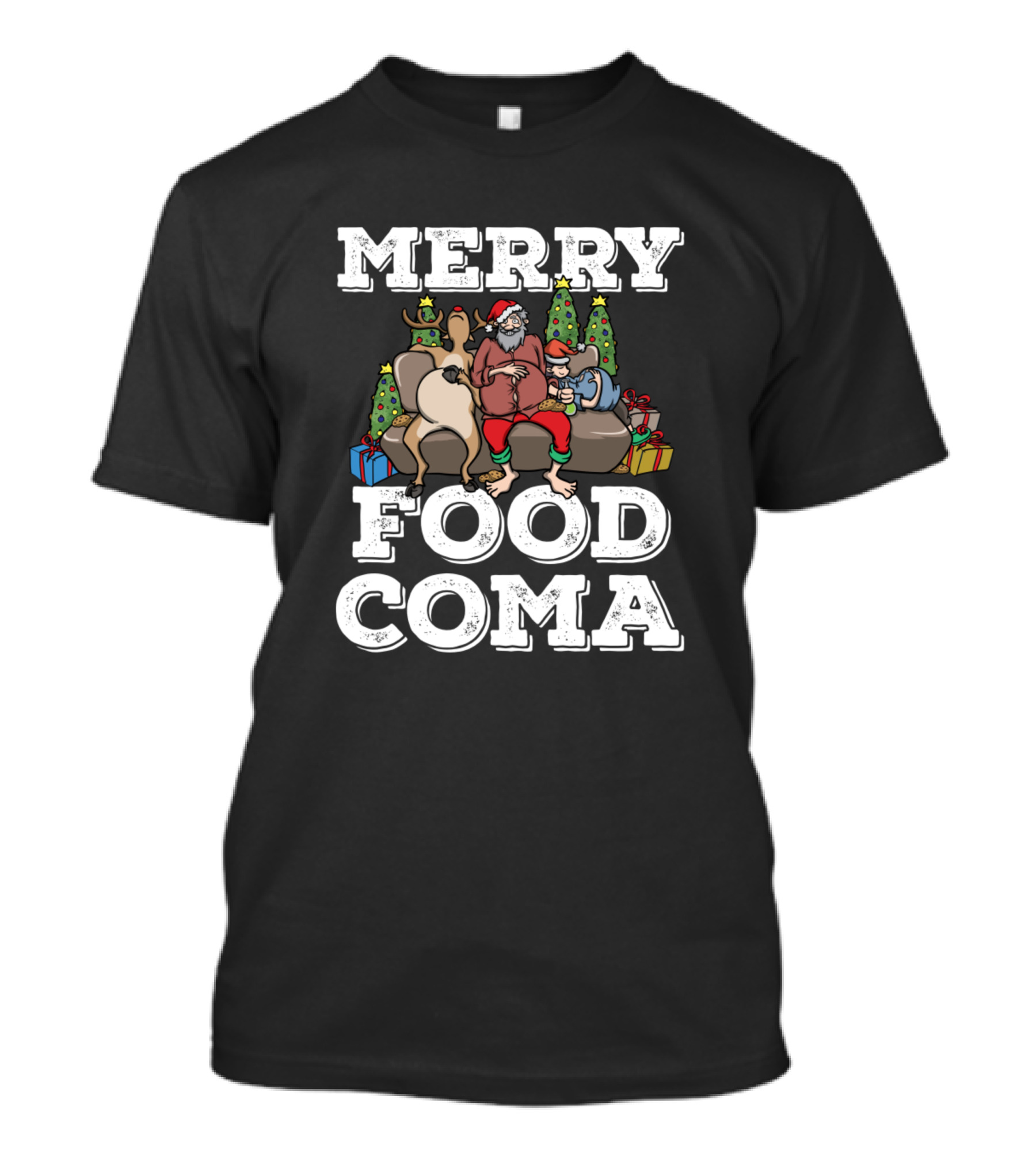 Merry Food Coma Funny Christmas Pun With Santa And Reindeer T-Shirt