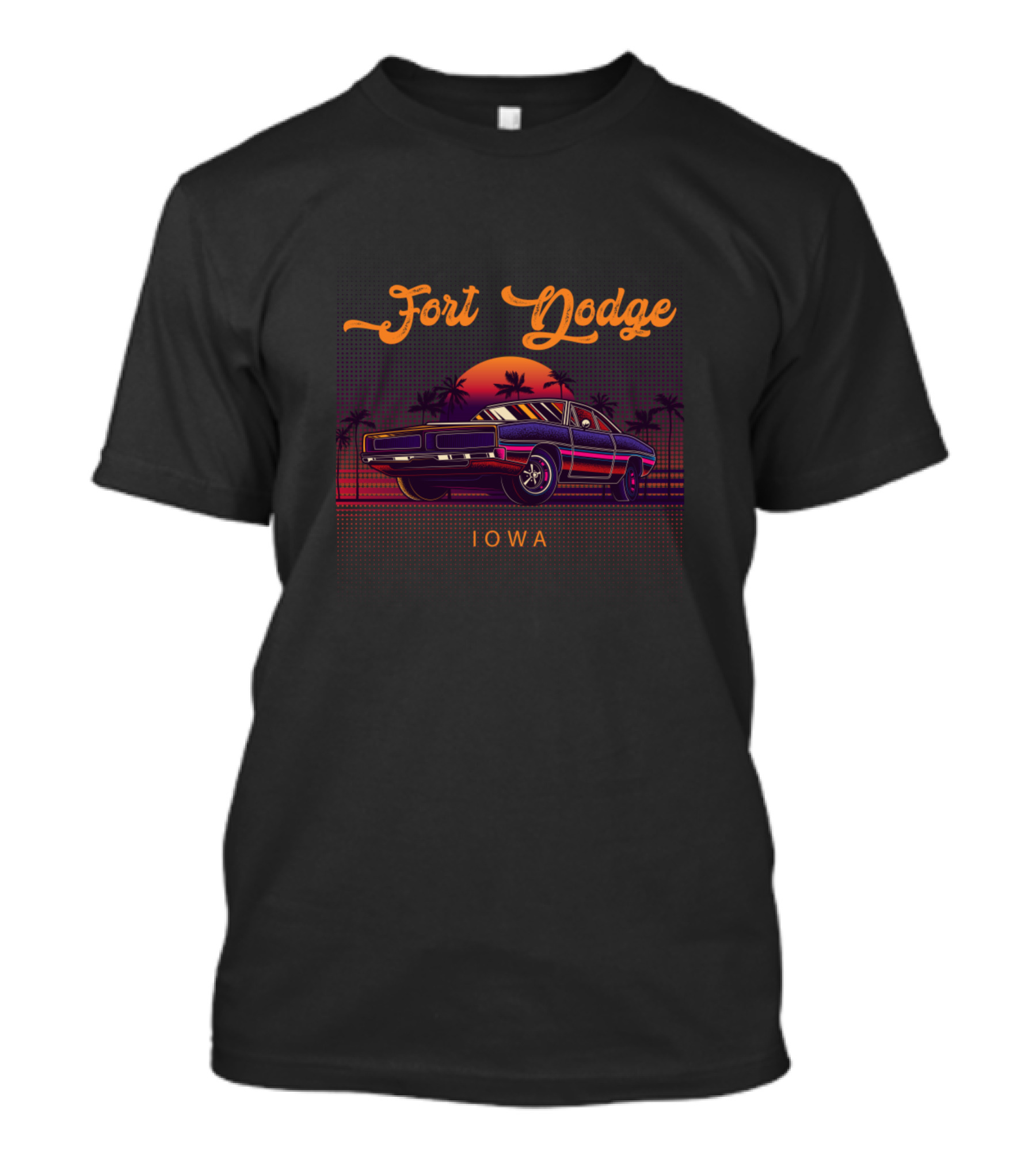 Fort Dodge Iowa Vintage Muscle Cars Sunset Scene T-Shirt