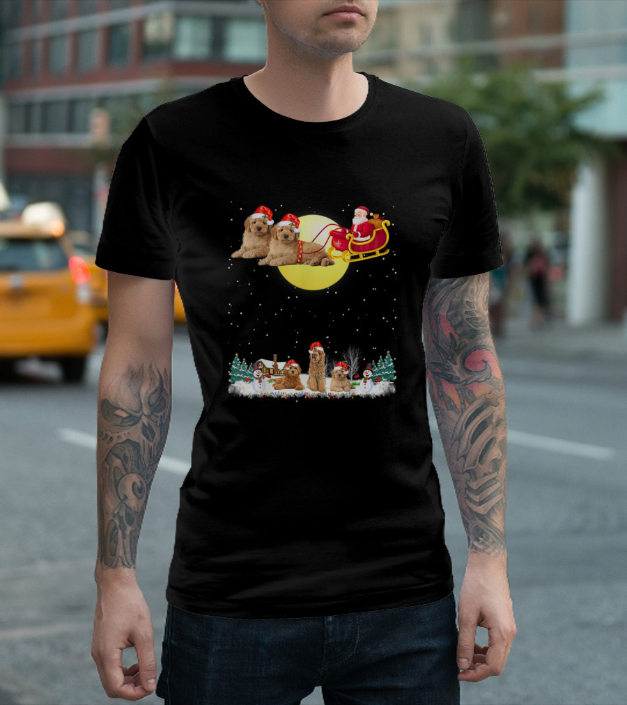 Goldendoodle Santa Sleigh Christmas Lights Winter Scene T-Shirt