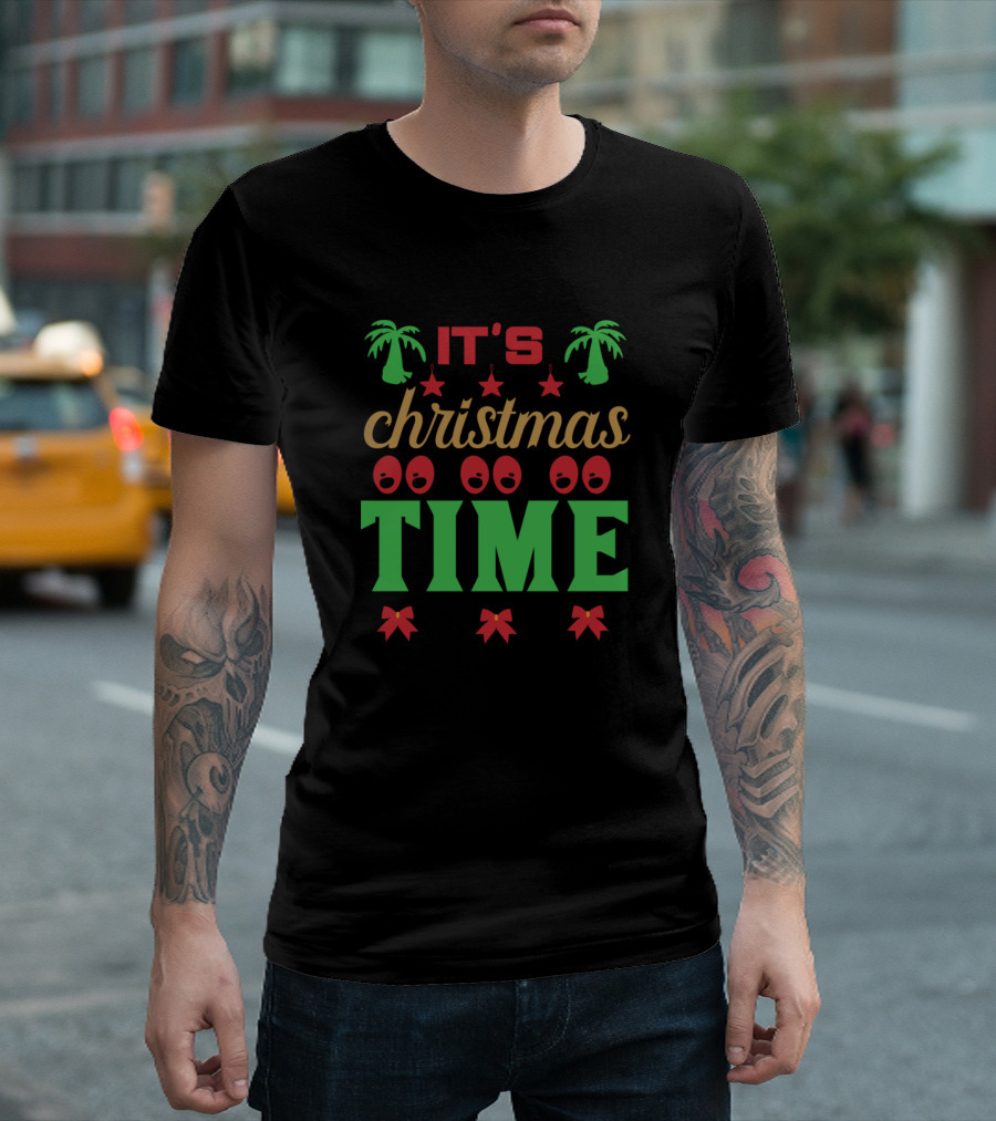 It's Christmas Time Palm Trees Stars Red and Green Bow Ornaments T-Shirt