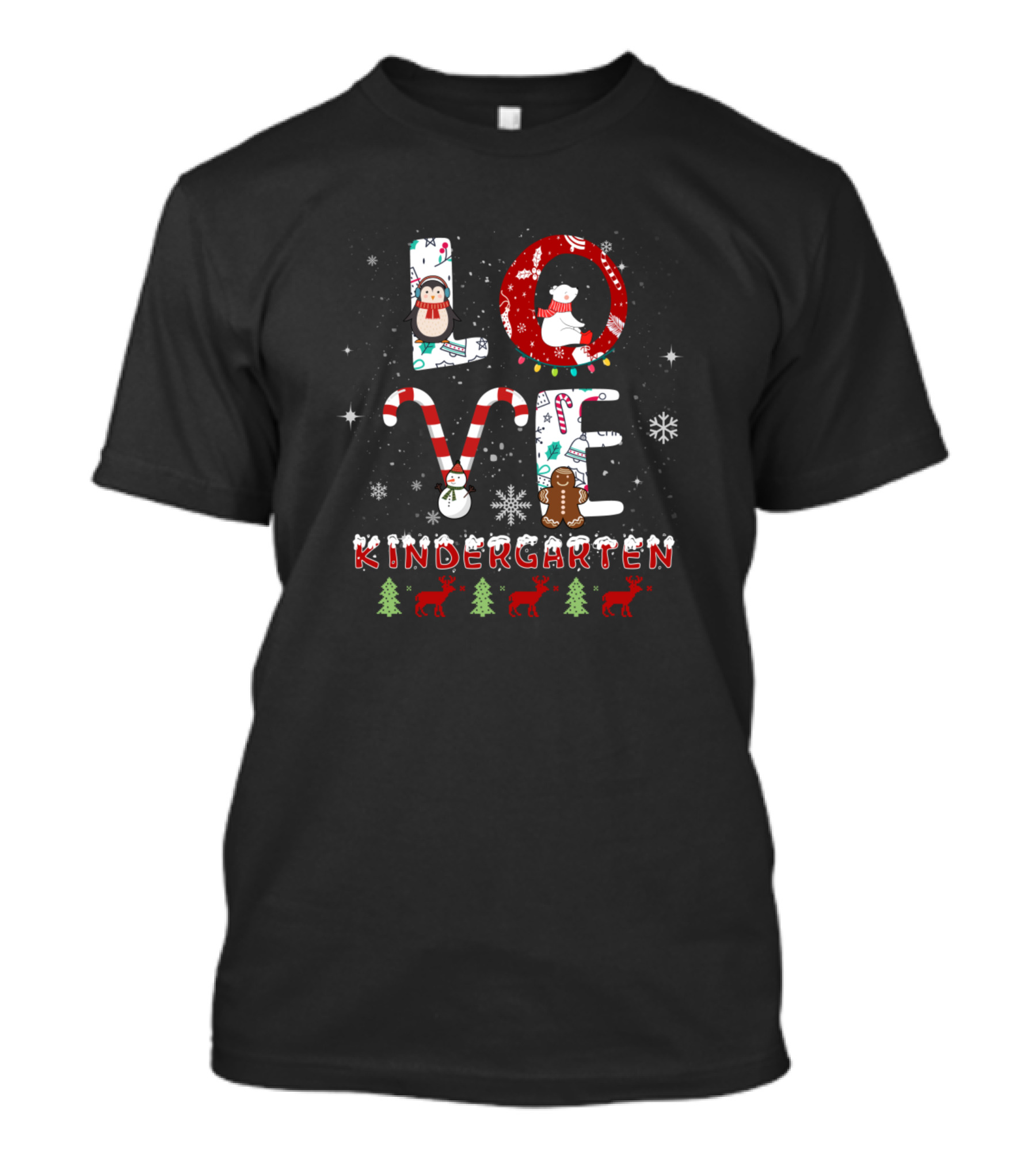 LOVE Kindergarten Christmas Bear Penguin Snowman Deer Trees Snowflakes T-Shirt