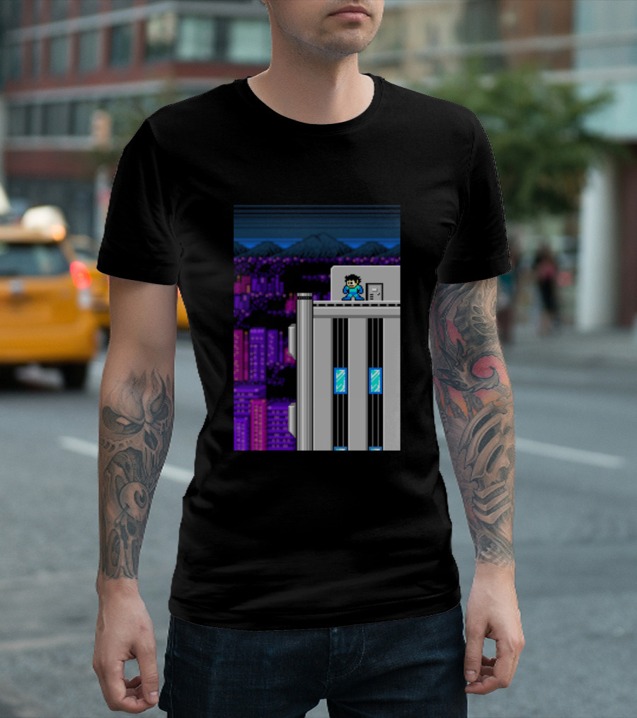 Machine City Retro Pixel Art Rooftop Scene T-Shirt