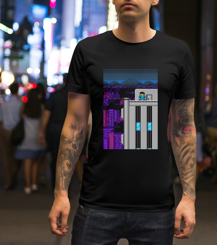 Machine City Retro Pixel Art Rooftop Scene T-Shirt